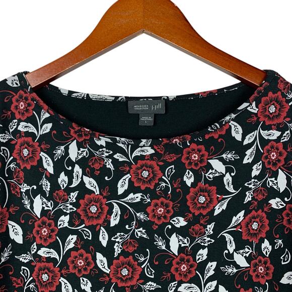 J Jill Wearever Collection Dress Black Red Floral Long Sleeve Stretchy Women's L - Picture 3 of 9